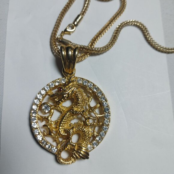 Gold Chinese Dragon Year Pendant Necklace Gold Tone Rhinestones 22 inch Chain - Picture 13 of 14